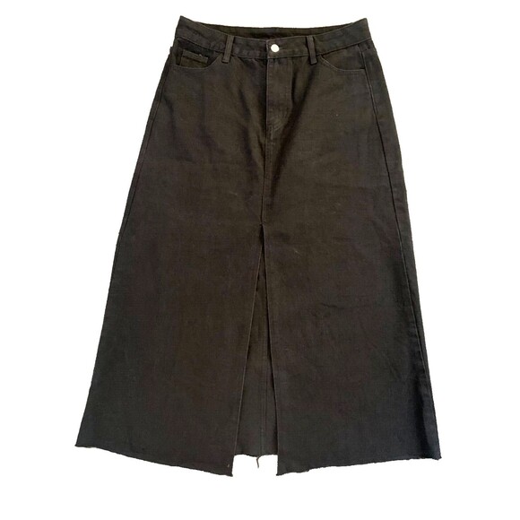 Denim Maxi 35" Skirt Size L Black High Rise Front Slit 5 Pocket Raw Hem - Picture 1 of 9